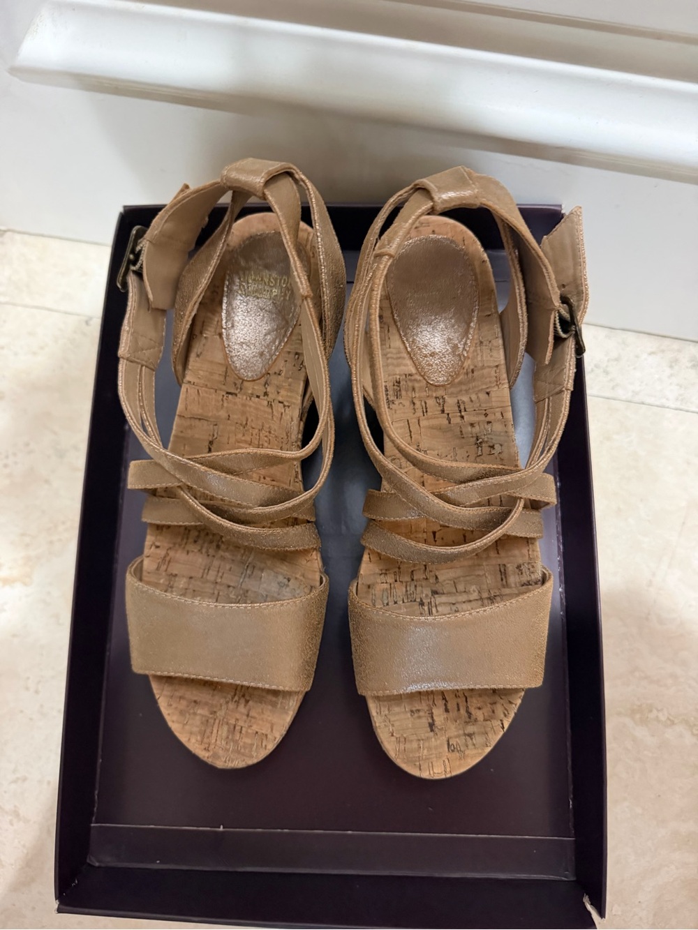 Johnston & Murphy Metallic Gold Cork Wedge Sandal size 8